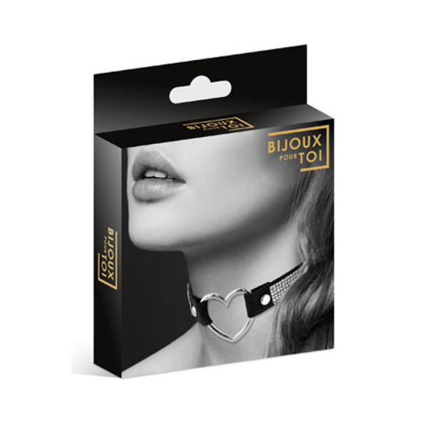 Collier en cuir noir SM avec bande de strass et coeur métal argenté 